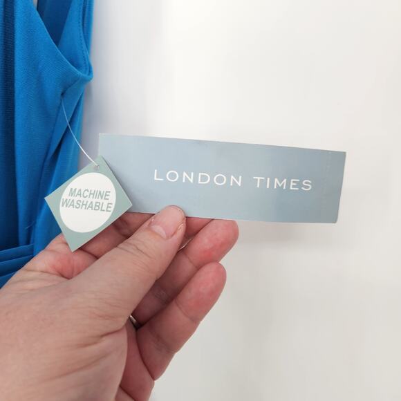 NWT London Times Royal Blue Ruched Draped Asymmetrical Chic Tunic Dress Women 12 - Picture 4 of 8